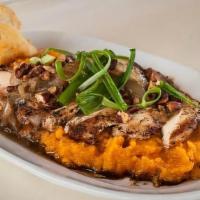 Grilled Chicken With Yams · Grilled chicken breast, mashed sweet potatoes, spiced pecans, and caramelized onions
