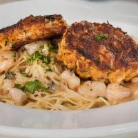 Crabcakes & Shrimp Alfredo - Fried · Fried Maryland style crabcakes, sauteed Gulf shrimp served on angel hair pasta, topped with ...