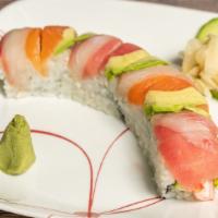 Rainbow Roll · 8 pieces. Salmon, tuna, white fish, kani, avocado and cucumber.