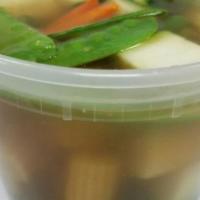 Vegetable Soup · Zucchini, broccoli, carrot, baby corn, snow peas, water chestnut and mushroom in a chicken b...