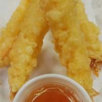 Shrimp Tempura (4 Pieces) · Deep fried and crispy.