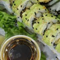 Green Dragon Roll · Shrimp Tempura, eel, cucumber, asparagus, and masago topped with avocado and eel sauce.