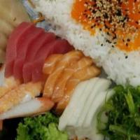 Chirashi · New. Assorted fish and masago on top of sushi rice chef's choice.

Consuming raw or undercoo...