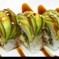 Caterpillar Roll · Shrimp tempura, eel, asparagus, cucumber, kani, top with avocado, eel sauce , and red masago.