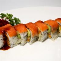Tiger Tear Roll · Kani, eel, avocado, asparagus, topped with salmon, eel sauce and spicy mayo.
