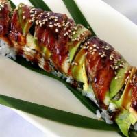 Shadow Dragon Roll · Shrimp tempura, avocado, asparagus, kani, mayo, topped with half eel and eel sauce.