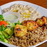 Chicken Kabob Platter · Grilled skewer of tender marinated chicken breast served with your choice of 3 sides.