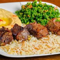 Beef Kabob Platter · Grilled skewer of tender marinated beef served with your choice of 3 sides.