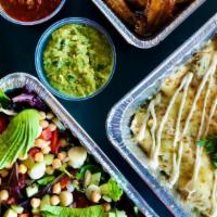Enchilada Fiesta | Servings: 4 · 6 signature enchiladas + chips + salsa + ensalada grande