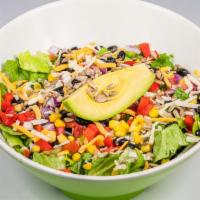 Texas 2 Step Salad · Romaine, black beans, corn, tomato, onion, red and green peppers, avocado, sunflower seeds, ...
