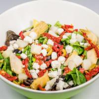 Mediterranean Salad · Greens, diced and sun-dried tomato, red peppers, green and black olives, heart of palm, arti...
