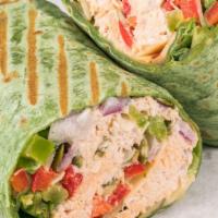 Spicy Albacore Tuna Wrap · Spinach wrap with tuna, red and green peppers, onion, pumpkin seeds, parmesan cheese, and ch...