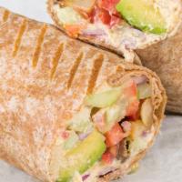 Hummus Wrap · Vegan. Cucumber, red onion, roasted garlic, avocado, tomato and kalamata olives with hummus ...