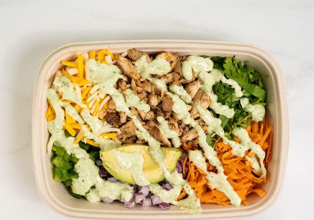 Increda-Bowl · Brown Rice, Carrots, mix cheese, Green pepper, Red Onions, Cilantro, Avocado and Grilled Chicken with spicy cilantro sauce.