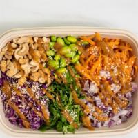 Asian Bowl · Brown rice, carrots, red cabbage, onion, edamame, cilantro, sesame seed, and cashew with spi...