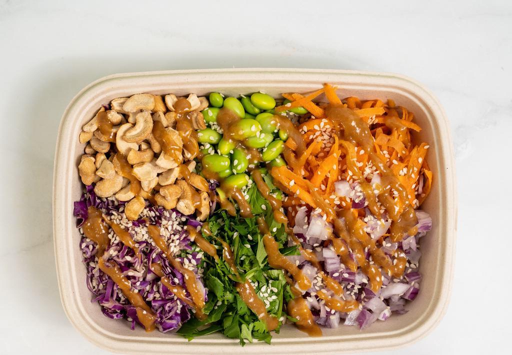 Asian Bowl · Brown rice, carrots, red cabbage, onion, edamame, cilantro, sesame seed, and cashew with spicy peanut sauce.