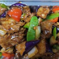 Beef & Eggplant · Spicy. Stir fried beef, chunks of Asian eggplants, bell peppers and scallion's wok tossed in...