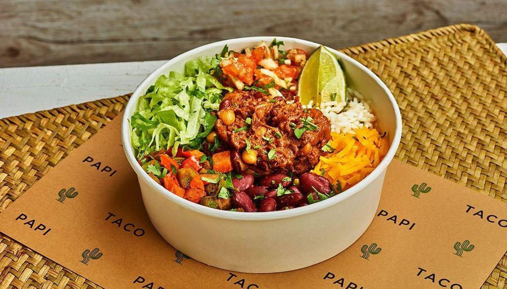 Pulled Beef Barbacoa Bowl · Pulled beef barbacoa with rice, shredded cheese, spiced fajita veg, beans, lettuce, pico de gallo, cilantro and your choice of sauce.