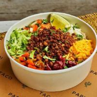 Beyond Meat Bowl · Plant-based Beyond Meat with rice, shredded cheese, spiced fajita veg, beans, lettuce, pico ...