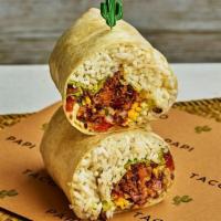 Beyond Meat Burrito · Plant-based Beyond Meat with rice, shredded cheese, spiced fajita veg, beans, lettuce, pico ...