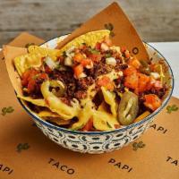 Beyond Meat Loaded Nachos · Crispy corn tortilla chips with plant-based Beyond Meat, shredded cheese, jalepeno, pico de ...
