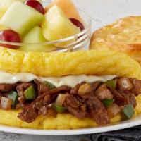 Omelet-Philly Cheesesteak · Thinly sliced steak, Swiss cheese, diced onions and green bell peppers served with your choi...