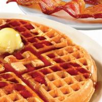 Golden Waffle With Bacon Or Sausage · With your choice of Applewood smoked bacon (3 strips) or country sausage or turkey sausage (...