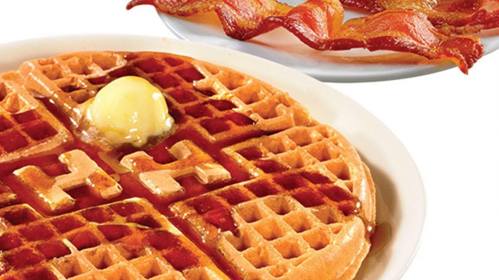 Golden Waffle With Bacon Or Sausage · With your choice of Applewood smoked bacon (3 strips) or country sausage or turkey sausage (2 patties) (Cal 820-910)