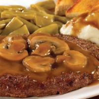 Chopped Steak Dinner · Served with savory mushroom gravy and your choice of 2 sides and a buttery, fluffy biscuit o...