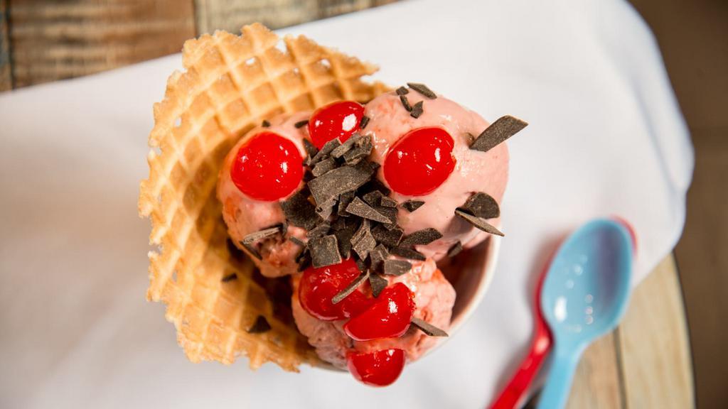 Cherry Charge · Cherry flavor, chocolate flakes, cherries. Due to transportation limitations, we cannot supply the waffle bowl with our delivered Sensations.