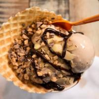 Mass Mocha Madness Ice Cream · Mocha and chocolate ice cream with Heath and almonds in a waffle bowl