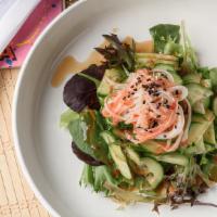 Cucumber Salad · Crab stick and thinly sliced cucumbers served on a bed of spring mix. Glazed with ponzu, swe...