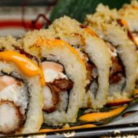 Axl Roll · Fried shrimp tempura, salmon and cream cheese inside, fully fried, topped with spicy mayo, e...