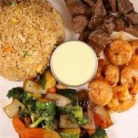 Filet Mignon And Shrimp · Served with soup or salad, fried rice, vegetables and yum-yum sauce