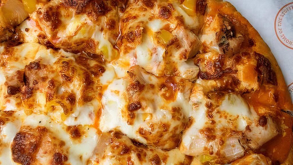 Classic Thin Crust Hot Buffalo Chicken Pizza · Chicken, banana peppers, onions, hot buffalo sauce, with your choice of blue cheese or ranch dressing on the side.