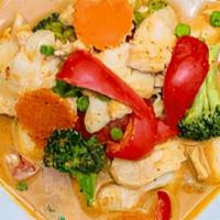 (L) Red Curry · seasonal vegetable such as broccoli, carrot, bell peppers, sweet peas, red curry paste, coco...