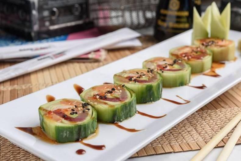 Unplugged · Three fabulous fish (red tuna, yellowtail, salmon) collaborated with crab stick and avocado wrapped in cucumber peel with sweet chili, ponzu, eel sauce and sesame seeds.  Rice free.