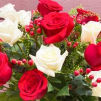 White & Red Rose Arrangement · Your choice of 18 mixed red and white roses