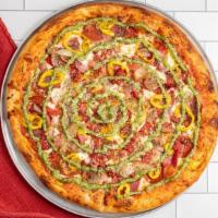 The Italian · Ham, salami, pepperoni, roasted red peppers, caramelized onions, banana peppers, topped with...