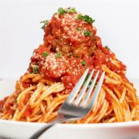 Spaghetti Pasta · Served with your choice of marinara, garlic butter & parmesan, meatballs, mild Italian sausa...