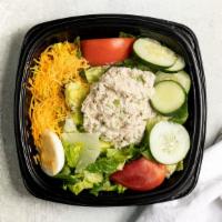 Tuna Salad Platter · Romaine lettuce, tomato, cheddar cheese, boiled egg topped with homemade tuna salad.