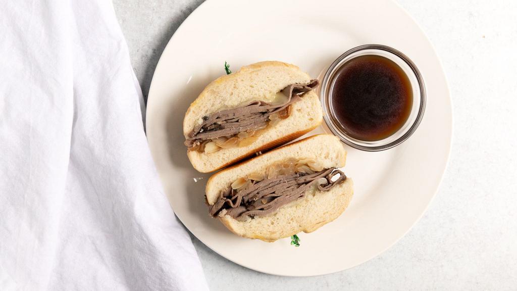 French Dip · French. Sliced roast beef, provolone cheese, caramelized onions served with au jus.