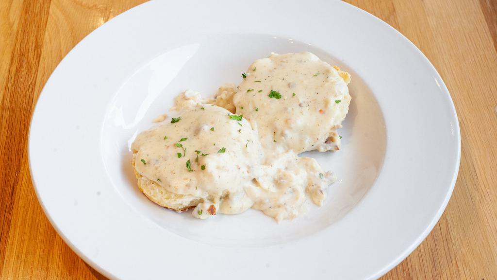Biscuit & Gravy · Open-faced, fluffy, buttermilk biscuit with your choice of gravy.