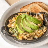Yard Work Skillet · Two scrambled eggs, avocado, spinach, tomatoes, bell peppers, onions, mushrooms, potatoes, h...