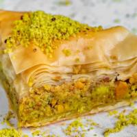 Pistachio Baklava · The original baklava, ground pistachio center between layers and layers of buttery, flaky pa...