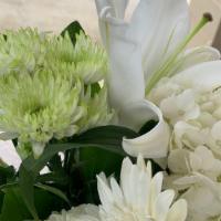 Sympathy Design · This sympathy design includes an array of white flowers, with green filler.