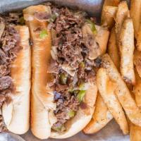 Philly Cheesesteak · Sliced beef, onions, peppers, and melted provolone. Served on a soft toasted hoagie roll.