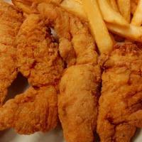 6 Piece Chicken Fingers · 6 hand breaded chicken breast strips made in house covered in sauce of your choosing along w...