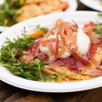 Prosciutto Con Burrata · Selection of your 24h Artisan Crepe or 36h Belgian Waffle; with aged italian prosciutto, fre...