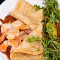 Shrimp Al Ajillo · Selection of your 24h Artisan Crepe or 36h Belgian Waffle; with jumbo shrimp macerated in co...